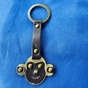 A Vintage Rare HTF Kipling  Monkey Face Brass Leather Charm Keychain Key Ring